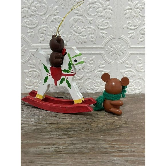 Set Of 2 Teddy Bear Ornaments - Brown Wooden Wood Miniature Ornament - Picture 8 of 10